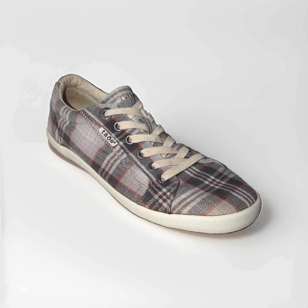 Taos Footwear Star Plaid Low Top Sneaker Womans Size 8.5 Gray Beige Arch Support